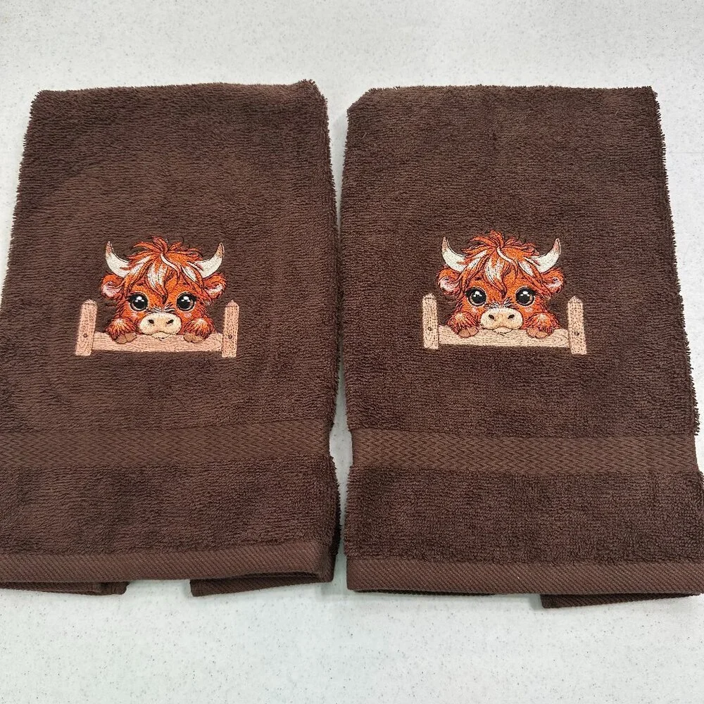 Highland Cow Towels Embroidered Hand Towel Set Beige Brown Cute Bathroom Decor